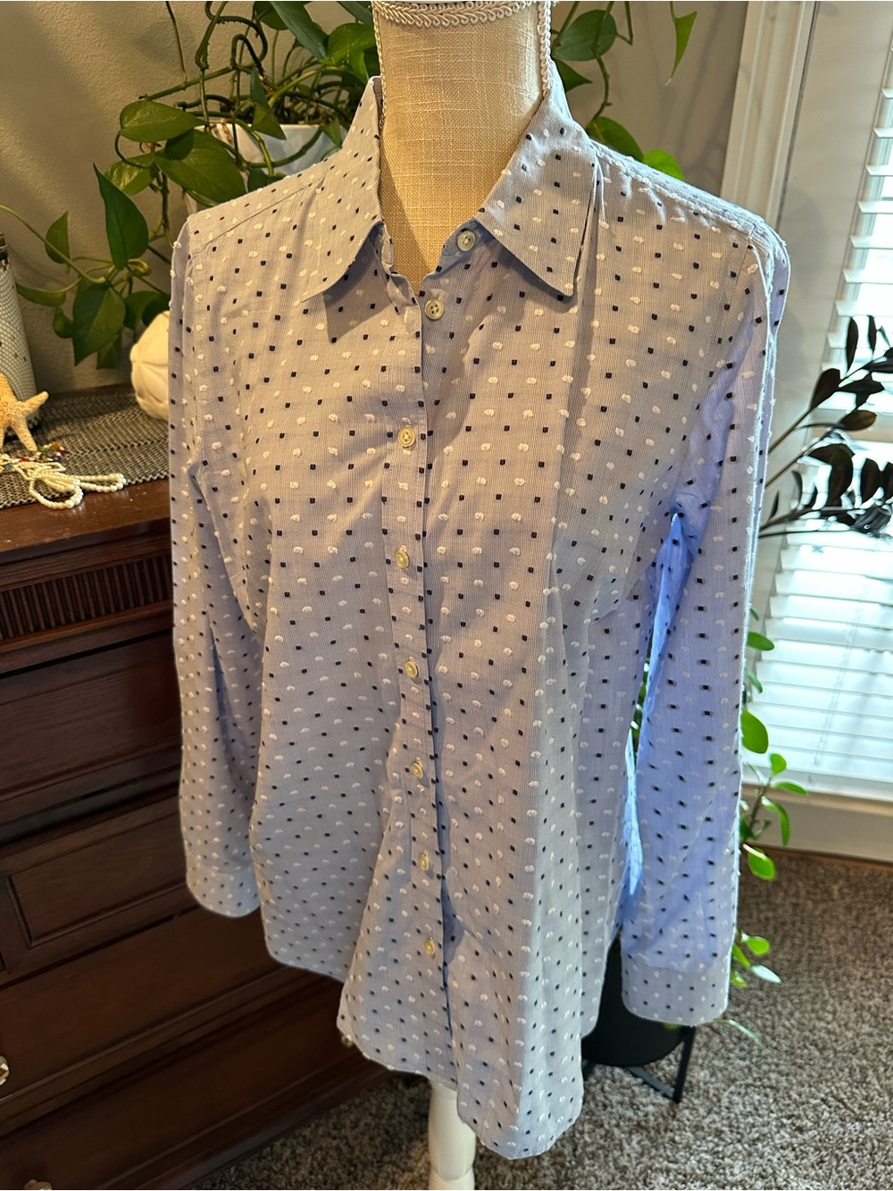 Talbots Light Blue Button-Down Shirt with Navy and White Dot Print - Picture 4 of 11